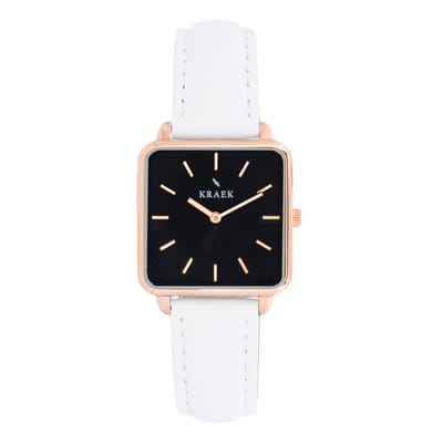 KRAEK Elena Rosé Goud Zwart 28 mm | Dames Horloge | Wit leren horlogebandje | Vierkant | Minimaal Design