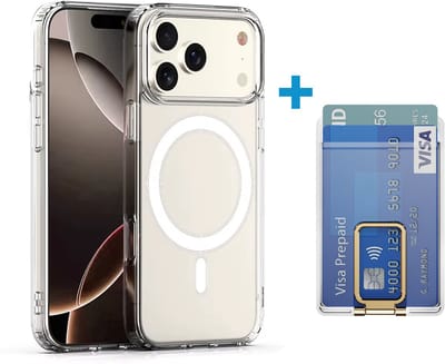VOWLUX transparant hoesje en losse wallet pasjeshouder geschikt voor Iphone 17 Pro – magsafe compatible met 32 magneten – pasjeshouder voor 2 pasjes – Goud klep – telefoonstandaard hoes case
