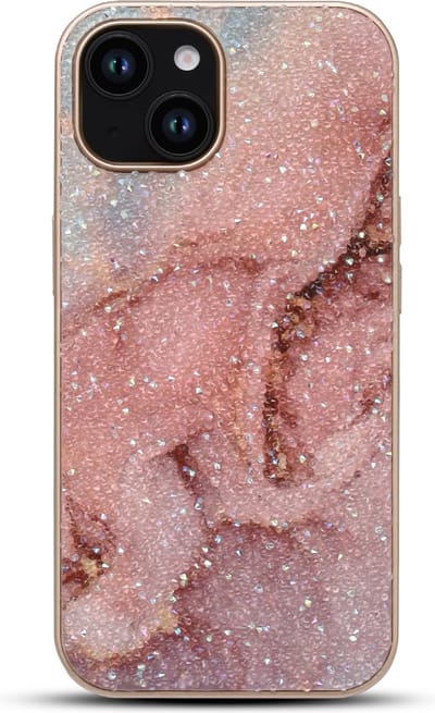 Casemania Hoesje Geschikt voor Apple iPhone 15 - Roze - Diamant Marmer Glitter Back Cover