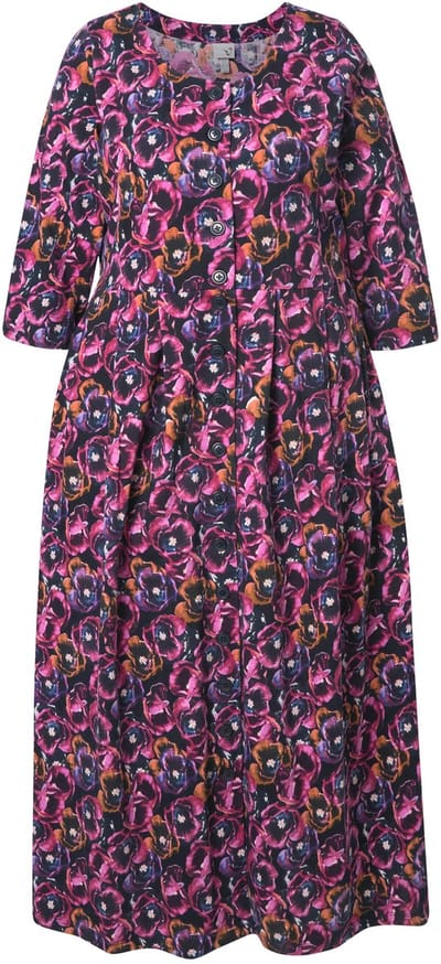 Ulla Popken - Dames - Jersey maxi-jurk bloemen ronde hals 3/4-mouw zakken - Donkerpaars - Maat 42