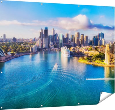 Gards Tuinposter Sydney Stad bij de Haven - 150x120 cm - Tuindoek - Tuindecoratie - Wanddecoratie buiten - Tuinschilderij