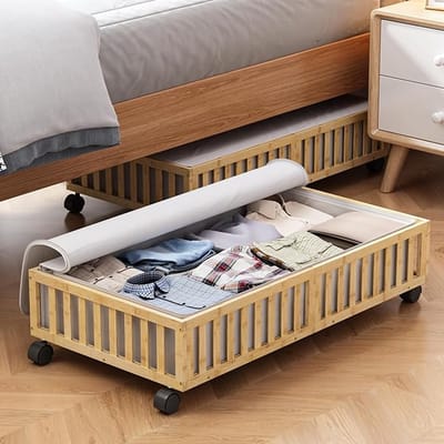 Bamboe Onderbed-Opbergboxen met Wielen (Set van 2) – Groot – Organizer voor Schoenen, Kleding & Dekens