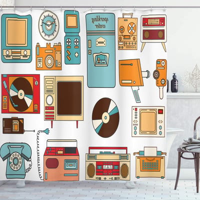 ABAKUHAUS Oude School Douchegordijn – Vintage Elektronica Kunst – 175x180 cm – Multicolor
