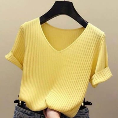 Korte mouwen T-shirt Dames Zomer Koreaanse Versie Slim-fit Halve mouwen V-hals Gebreide Basis Blouse Blouse Vrouw M geel
