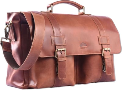 WILD WOODS Ruime Leren Aktetas met Schouderband – 15,6 inch laptopvak – Schoudertas – Oil Pull-up Leer – Cognac