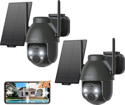 ieGeek Beveiligingscamera Draadloos Buiten - 2K Solar Wifi Camera - voor Huisbeveiliging - Batterijgevoede 3MP Bewakingscamera - 360° PTZ - Kleuren Nachtzicht - PIR Bewegingsdetectiesensor - Sirene - 2-Weg Audio - 2 Stuks