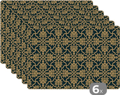 Placemat - Placemats kunststof - Bloemen - Zwart - Goud - Patronen - 45x30 cm - 6 stuks - Hittebestendig - Anti-Slip - Onderlegger - Afneembaar