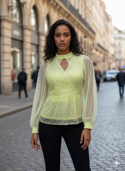Danaden Dames Blouse – Blouse en mousseline transparant met briljante détails – Top élégant en gel met jupe longue – Tenue feestelijk