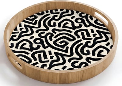 Dienblad rond 40x40 cm - Schootdienblad hout - Modern - Abstract - Zwart - Borrelplank rechthoek - Plateau houten dienbladen