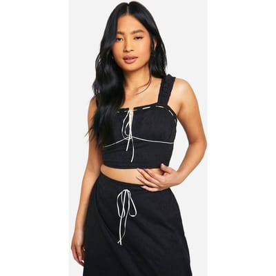 boohoo Dames Petite Broderie Contrast Strik Top | Zwart | Maat: 38