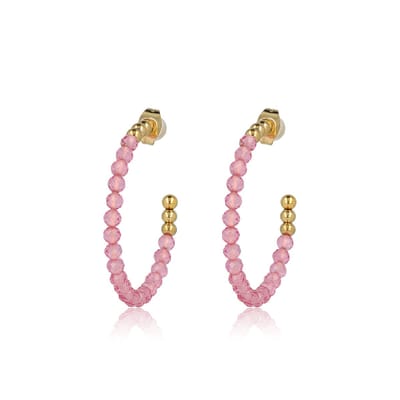 My Bendel - Stralende Goudkleurige Hoepels met Fuchsia Glasstenen - met Luxe Cadeauverpakking | Sieraden Voor Dames