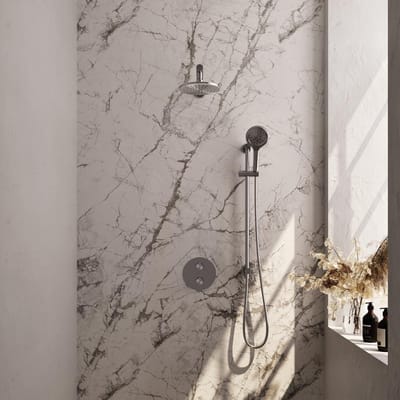 Brauer Brushed Edition thermostatische inbouw regendouche 3-weg rond SET 91 met 20 cm douchekop en rechte muurarm en 3-standen handdouche en doucheslang en geïntegreerde glijstang RVS geborsteld PVD