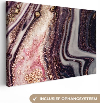 Canvas schilderij 150x100 cm - Wanddecoratie Marmer - Roze - Goud - Glitter - Marmerlook - Muurdecoratie woonkamer - Slaapkamer decoratie - Kamer accessoires - Schilderijen op canvas