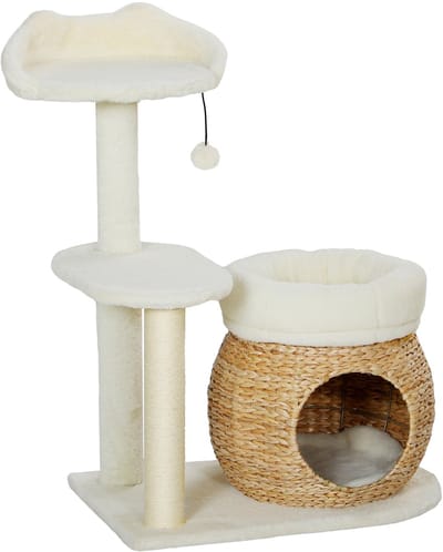 Merax Krabpaal 79 cm Crèmewit met Kattenhuis Ligbedden Speelballetjes en Sisalpalen voor Katten tot 5 kg