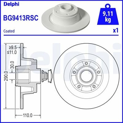 Remschijf, met lager DELPHI BG9413RSC, 1 stuk