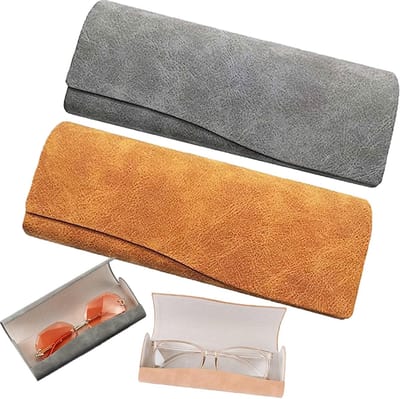 Retro Leren Bril Etui - 2-delige Opbergdoos met Magnetische Sluiting, Draagbare Universele Brilhouder voor Zonnebrillen en Leesbrillen (Grijs, Bruin)