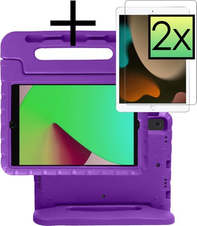 Hoes - Geschikt voor Apple iPad 7 (2019) - 10.2 inch - 7e Generatie - Met 2x Screenprotector - Kinderhoes Shockproof Bumper - Kidsproof Case - Tablet Hoesje - Kinder Cover - Paars