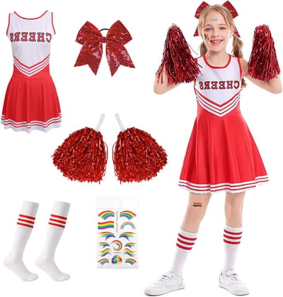 Rood Cheerleader Kostuum voor Kinderen met Pompoms, Sokken, Strik en Stickers voor Carnaval en Feestjes