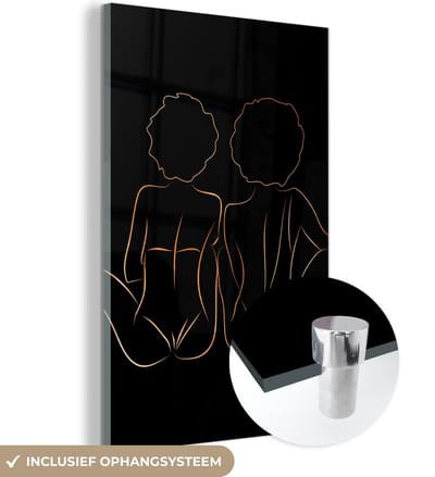 MuchoWow® Glasschilderij 40x60 cm - Schilderij acrylglas - Vrouwen - Line art - Black and gold - Foto op glas - Schilderijen