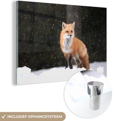 MuchoWow® Glasschilderij 30x20 cm - Schilderij acrylglas - Vos - Sneeuw - Winter - Foto op glas - Schilderijen