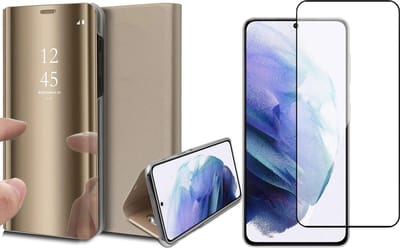 Hoesje geschikt voor Samsung Galaxy S21 Plus - Screen Protector FullGuard - Book Case Spiegel Goud & Screenprotector