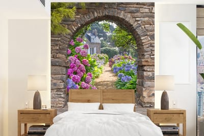 Behang - Fotobehang Bloemen - Doorkijk - Hortensia - Zomer - Breedte 190 cm x hoogte 260 cm