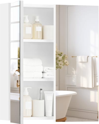 2 Deuren Badkamer Spiegelkast met Verstelbare Plank Wandmontage Opslag Badkast met Dubbele Spiegel Organizer Plank Houten Frame Kast voor Badkamer Wasruimte