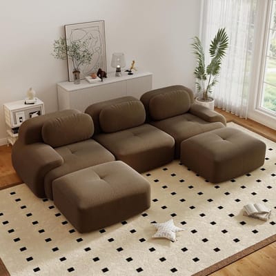 Moderne Hoekbank, U-Bank, 3-Zitsbank, Moderne 298 cm Brede, Converteerbare Hoekbank met 2 Voetenbankjes, U-vormige Modulaire Corduroy Bank, Compacte Bank voor 3-6 Personen voor de Woonkamer, Extra Diepe Zitting, Geen Montage Nodig-Brown