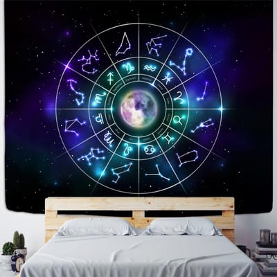 Tapisserie Psychédélique Boussole Décoration Murale Impression 12 Constellations Bohème Hippie Sorcellerie TAPIZ Décoration de Maison 95x70cm blue