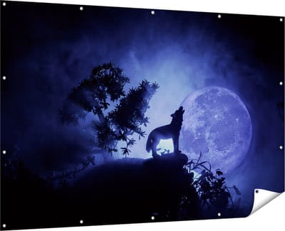 Gards Tuinposter Huilende Wolf in Silhouet bij Volle Maan - 180x120 cm - Tuindoek - Tuindecoratie - Wanddecoratie buiten - Tuinschilderij