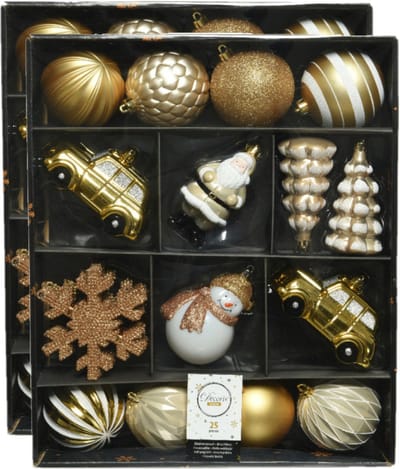 50x stuks kerstballen en kersthangers figuurtjes goud met wit kunststof - Kerstboomversiering kerstornamenten