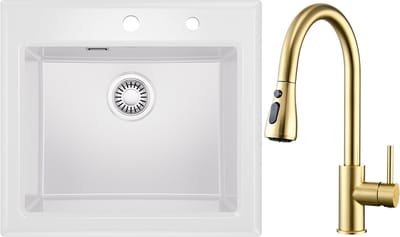 CECIPA Max Spoelbak Met Kraangat 55x50CM - Keramische Spoelbak Keuken - Spoelbakken Keuken Met Keukenkraan Met Uittrekbare Uitloop - Wasbak Keuken - Wit