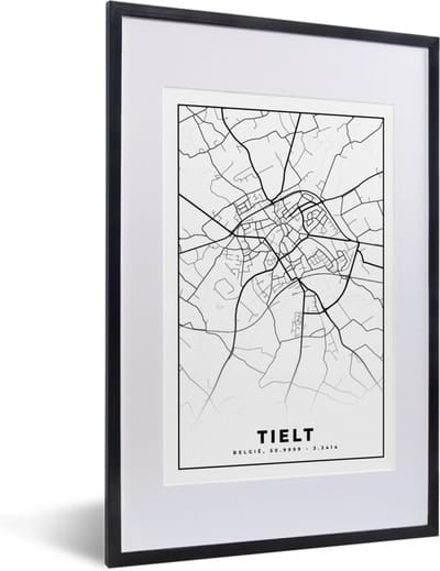 Fotolijst incl. Poster Zwart Wit- Kaart – Plattegrond – Stadskaart – Tielt – België – Zwart Wit - 40x60 cm - Posterlijst