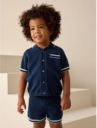 Next - Jongens - Set van gebreid poloshirt met textuur en reverskraag en short - Blauw