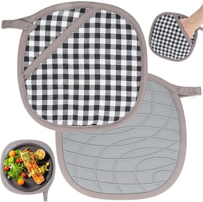 Pannenlappen 2 stuks-pannenlappen-2-delige ovenmatten met opbergtas - Katoenen ovenmatten - Met antislip siliconen handvat en haak - Geschikt voor keukens - Koken - Bakken - Grillen - Grijs - 21 x 21 cm