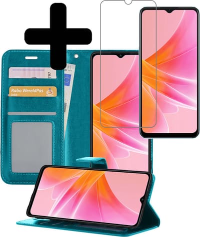 Hoesje - Met Screenprotector - Geschikt voor OPPO A17 - Luxe Pasjeshouder - Bookcase Portemonee - Flip Case - Kunstleer Book Case - Flipcase - Book Cover - Walletcase - Portemonneehoes - Telefoonhoesjes - Turquoise