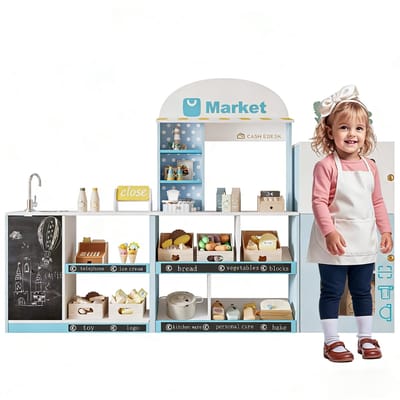 Speelwinkel Blauw - Met Koelkast & Kraan - 155x30x107.5 cm - Multifunctionele Speelwinkel - MDF - Kinderwinkel Met Krijtbord & Reclameborden