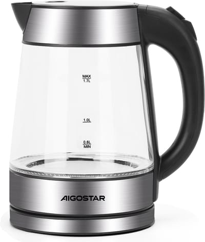 Aigostar Chubby - Elektrische Waterkoker - Retro - 1,7L - met LED - Waterniveau indicator - Glazen Waterkoker - 2200W - RVS