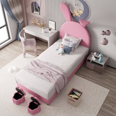 STILVORA Gestoffeerd Bed 90x200 cm – Eenpersoonsbed met LED-Nachtverlichting & 2 Opbergbanken – Frans Fluweel – Roze – Zonder Matras
