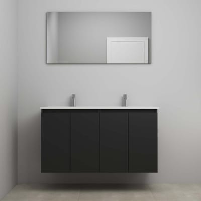 On-Line Badkamermeubelset - 120 cm - Bouwpakket - Greeploos 4 Deuren - Porseleinen Wastafel - 2 Kraangaten - Spiegel - Mat Zwart