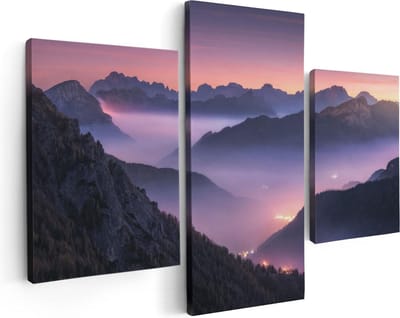 Artaza Canvas Schilderij Drieluik Bergen Landschap In Italië Tijdens Zonsondergang - 90x60 - Foto Op Canvas - Canvas Print