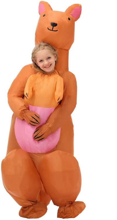 KIMU® Opblaas Kostuum Kinderen Kangoeroe - Maat 122 128 134 140 146 152 - Opblaasbaar Pak - Kangoeroepak Mascotte Opblaaspak - Opblaasbare Skippy Meisje Jongen Festival
