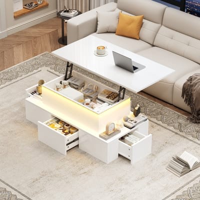 Salontafel - 100x50x40 cm - Verstelbaar + 4 Lade - Met LED en Verborgen Opbergruimte - Hoogglans - Wit