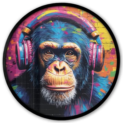 Poster in lijst Rond - Fotolijst 40x40 cm - Posters - Graffiti - Chimpansee - Street art - Koptelefoon - Aap - Ronde posterlijst zwart - Decoratie - Wanddecoratie woonkamer - Muurdecoratie slaapkamer