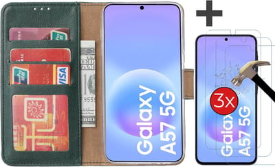 Hoesje met 3 Stuks Screenprotectors Geschikt voor Samsung Galaxy A57 – Arara bookcase met pasjeshouder - Groen