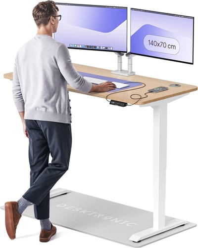 Desktronic HomePro Zit-sta Bureau Elektrisch In Hoogte Verstelbaar, 140x70 cm Bamboo/Wit, Stille Dubbele Motor, Hoogte 62-126cm