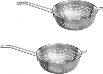 Secret de Gourmet rond vergiet/zeef met lang handvat - 2x - zilver - 18 x 7 cm - RVS - Keukenvergieten