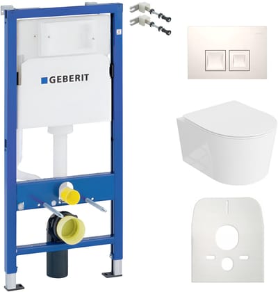 Inbouwreservoir Complete Toiletset Geberit Duofix Basic - Inbouw WC Hangtoilet Wandcloset LOSO Wit Hoogglans - Bedieningsplaat DELTA Wit - Voorwandelement - Installatiesysteem