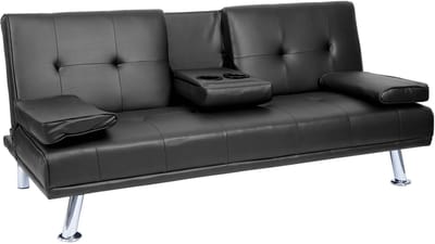 3-zits bank MCW-F60, slaapbank logeerbed, verstelbare bekerhouder 97x166cm ~ kunstleer, zwart