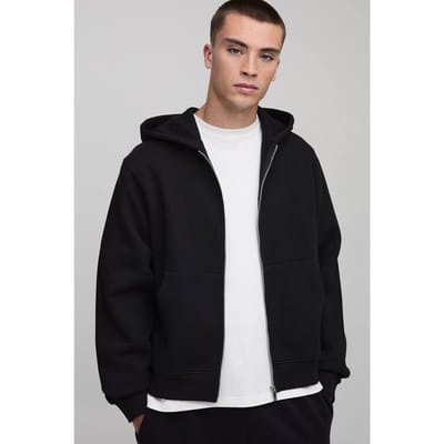 Essential Boxy Zip Through Hoodie | Black | Size Medium